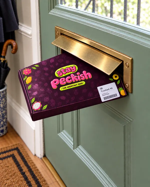 Stay Peckish monthly box coming through a letterbox