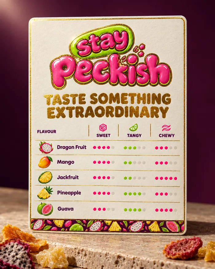 Gold foil Stay Peckish tasting card with a mix of dried fruit